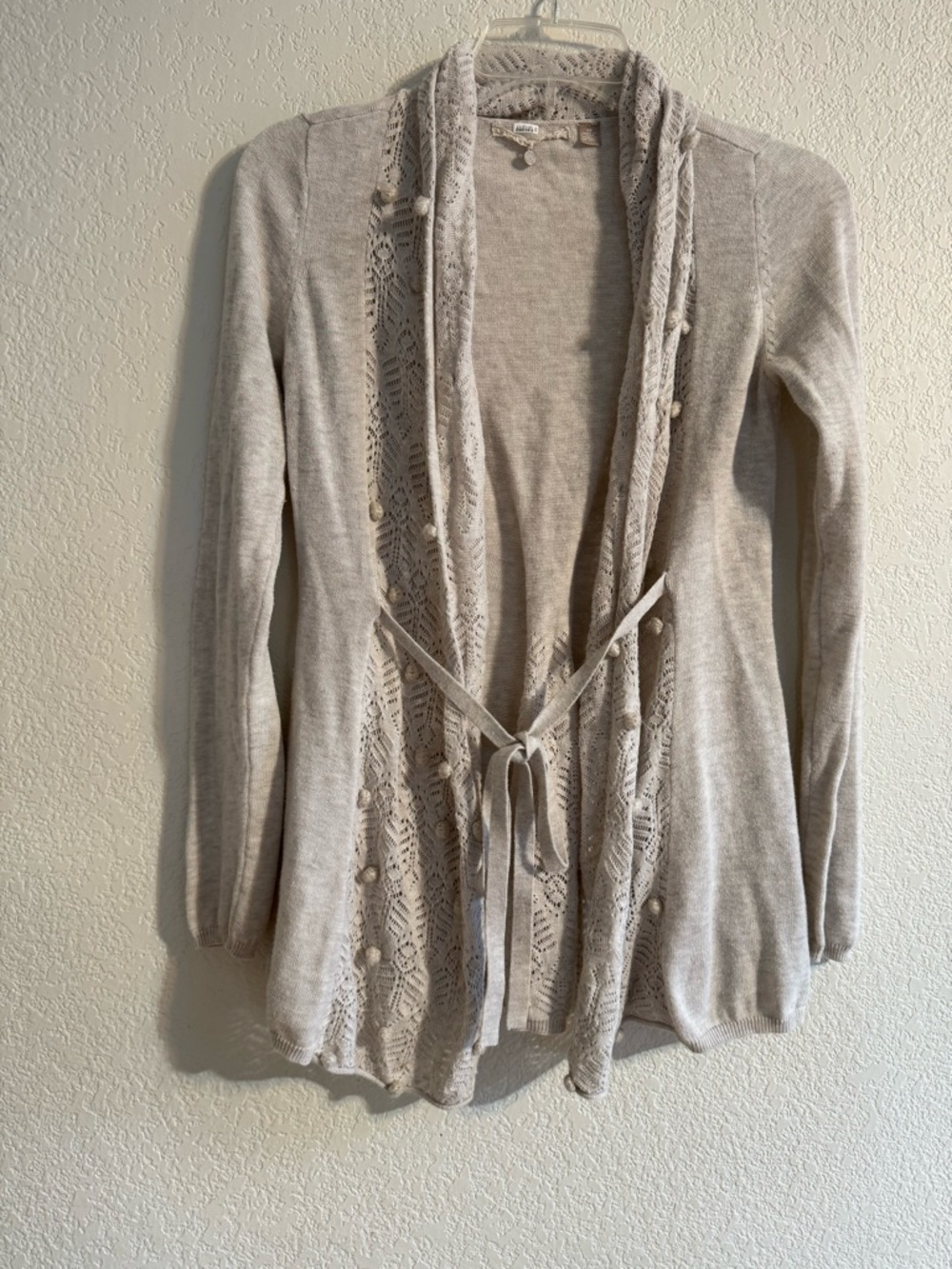 Anthropologie Knotted & Knitted Cream Cardigan Belted Knit Sweater Pom Pom XS - Picture 4 of 11